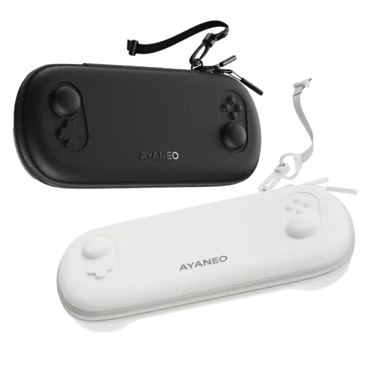 AYANEO Pocket EVO Cases in black and white variants featuring a sleek and ergonomic design with a detachable strap for easy carrying The cases are shaped to protect the device with a texture that ensures durability and style