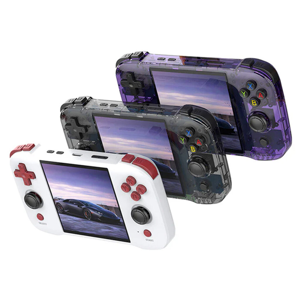 R46S Handheld Gaming Console 1 Three color variants of the gaming handheld device: white with red accents, transparent black, and transparent purple, each displaying a car on the screen.