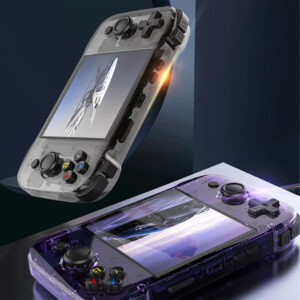 Two gaming handheld devices, one in a transparent black design shown in a vertical position, and the other in a transparent purple design placed horizontally, showcasing the screens and controls.