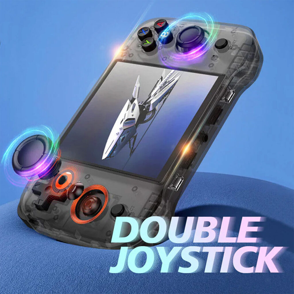 R46S Handheld Gaming Console 4 The handheld device positioned vertically, emphasizing its double joystick setup with colorful lighting effects around the joysticks.