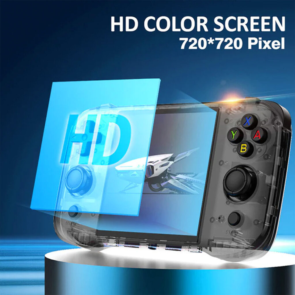 R46S Handheld Gaming Console 3 A gaming handheld device with a clear casing, featuring an HD color screen with a 720x720 pixel resolution. A transparent HD screen protector is shown above the screen.