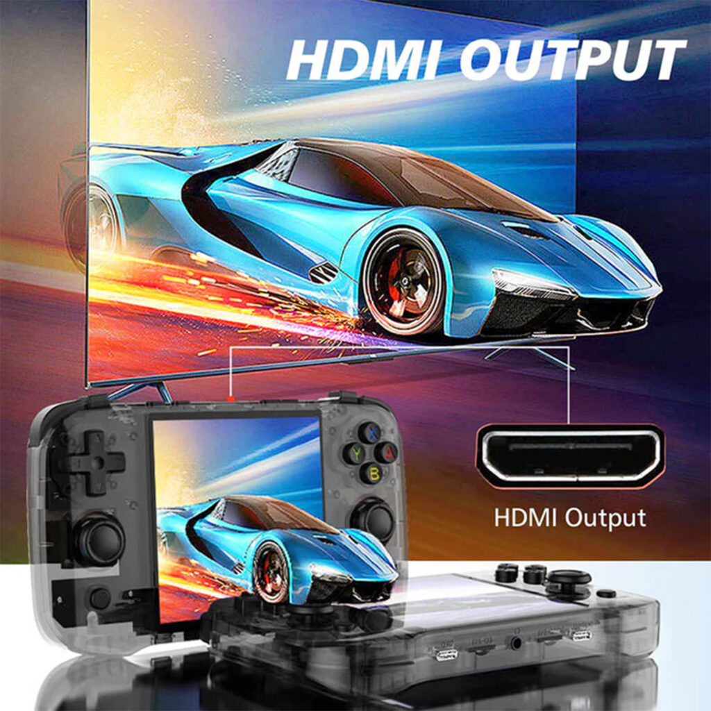 R46S Handheld Gaming Console 2 The gaming handheld device connected to a large display using an HDMI output, showcasing a fast car on the screen.