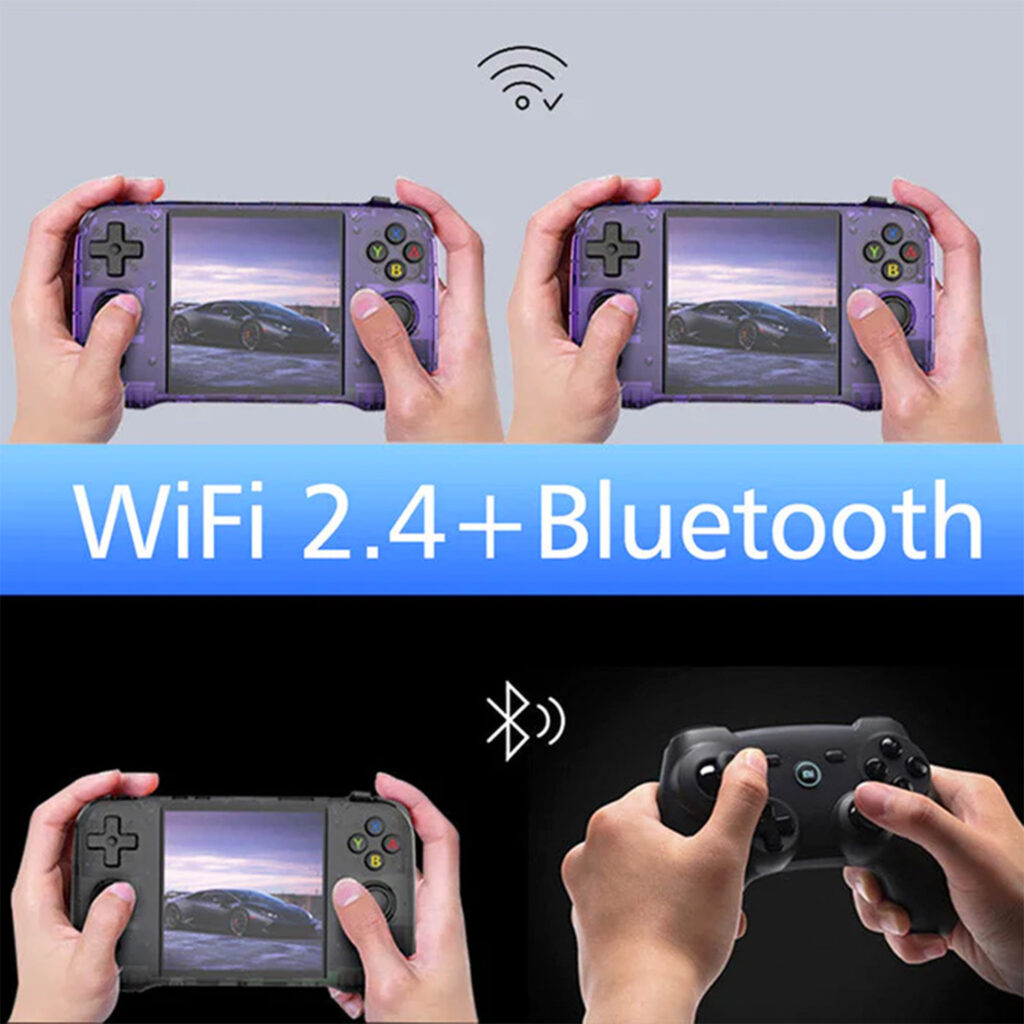 R46S Handheld Gaming Console 5 A WiFi 2.4 and Bluetooth feature demonstration with two handheld devices wirelessly connected and a Bluetooth-enabled controller being used.