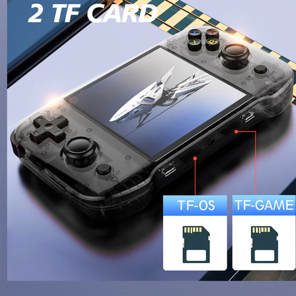 R46S Handheld Gaming Console 6 A close-up of the handheld device showing dual TF card slots labeled for OS and game storage, highlighting expandability.