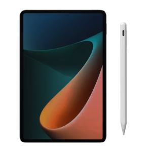 Tablet with a black frame and a vibrant screen displaying an abstract gradient design in green blue and orange hues accompanied by a white capacitive stylus with a smooth minimalist design