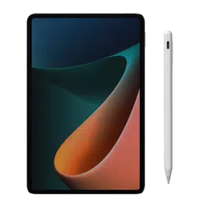 Tablet with a black frame and a vibrant screen displaying an abstract gradient design in green, blue, and orange hues, accompanied by a white capacitive stylus with a smooth, minimalist design.