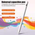 Universal capacitive stylus pen shown with a sleek white design featuring highlights such as a battery indicator light replaceable pen tip and Type C interface against a colorful abstract background