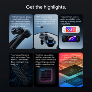 A highlight reel of the AYANEO 3 handheld gaming console, showcasing its modular design with interchangeable controller modules, customizable ABXY buttons, and two premium screen options—OLED and LCD. Additional features include enhanced audio, a powerful AMD AI processor, and the debut of AYASpace 3.0 for improved functionality.