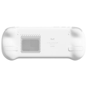 A sleek AYANEO 3 handheld gaming console in a white color, showing the back side. The design features a vent for cooling, AYANEO branding, and ergonomic curves for comfortable grip.