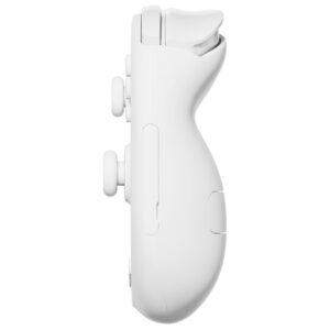 A side profile of the AYANEO 3 white edition, highlighting the ergonomic grip, shoulder triggers, and button layout. The smooth curves ensure a comfortable handheld experience.