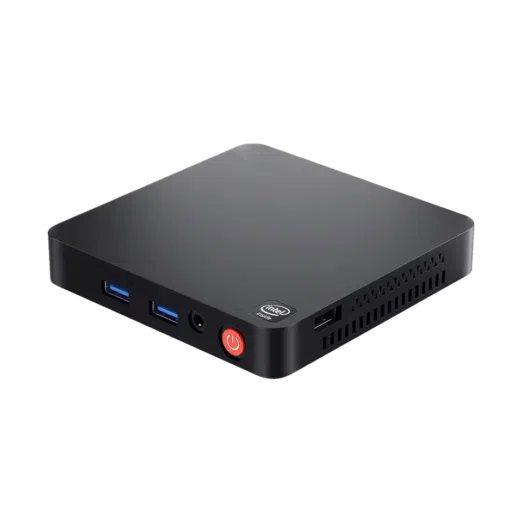 A compact Beelink T5 Mini PC with a black finish Intel branding USB 30 ports a headphone jack a power button and ventilation on the sides