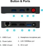 A close up of the Beelink T5s ports including USB 30 a headphonemicrophone jack a power button HDMI 20 a Gigabit Ethernet port and a DC input for power