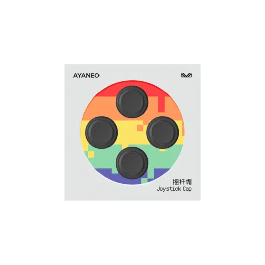 AYANEO joystick caps set in black designed for AYANEO Pocket Micro and DMG models The packaging features a pixelated rainbow background with four circular joystick caps visible through a transparent window The AYANEO logo is displayed at the top left and the text Joystick Cap along with Chinese characters is printed on the bottom right