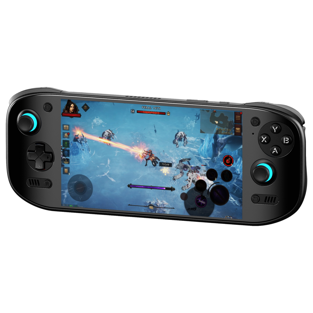 AYN Odin 2 Portal Base, Pro & MAX 1 A black AYN Odin 2 Portal handheld gaming console displaying an action-packed RPG game. The screen shows a character using a fiery attack against enemies in a frozen landscape. The device has an ergonomic design with illuminated thumbsticks.