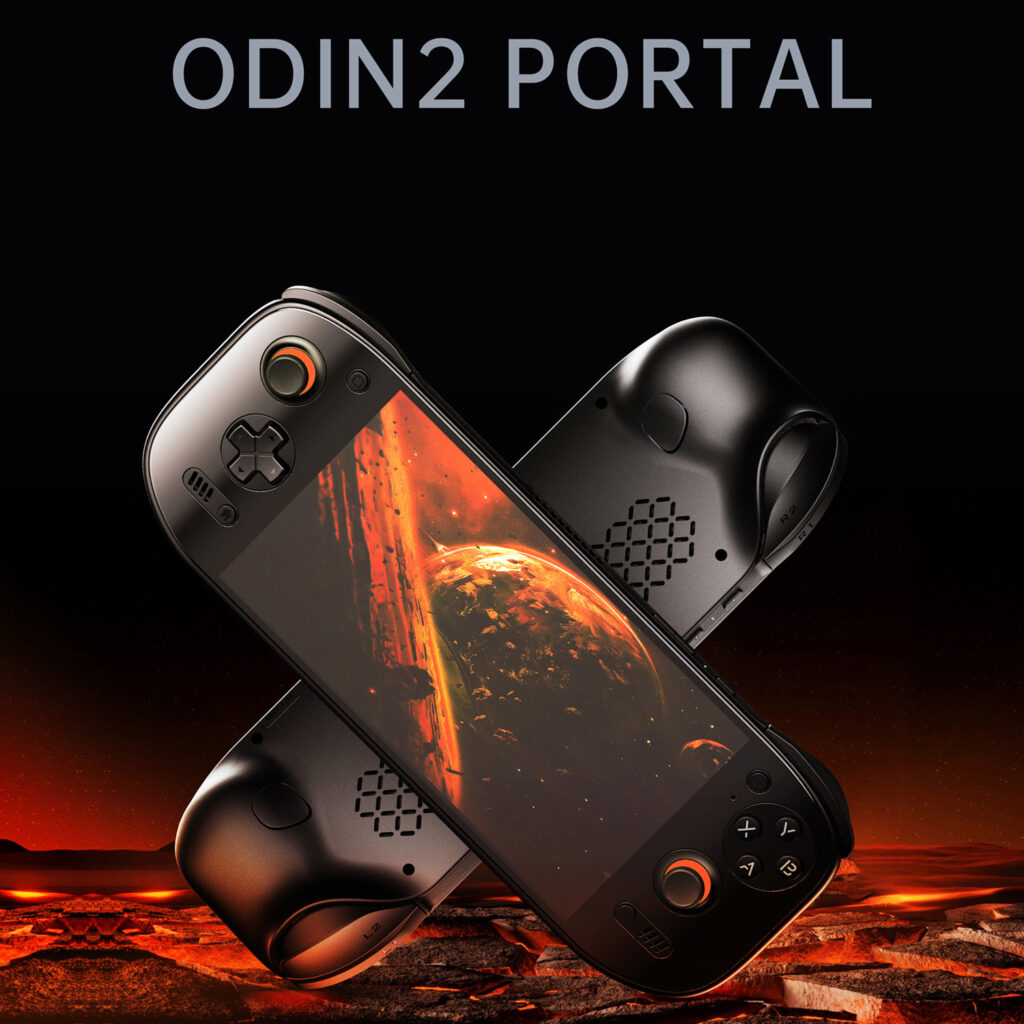 AYN Odin 2 Portal Base, Pro & MAX 2 A stylized promotional image of the AYN Odin 2 Portal in black, presented in a futuristic design with a fiery planetary background. The handheld is crossed in an X-shape, highlighting its sleek and modern aesthetic.