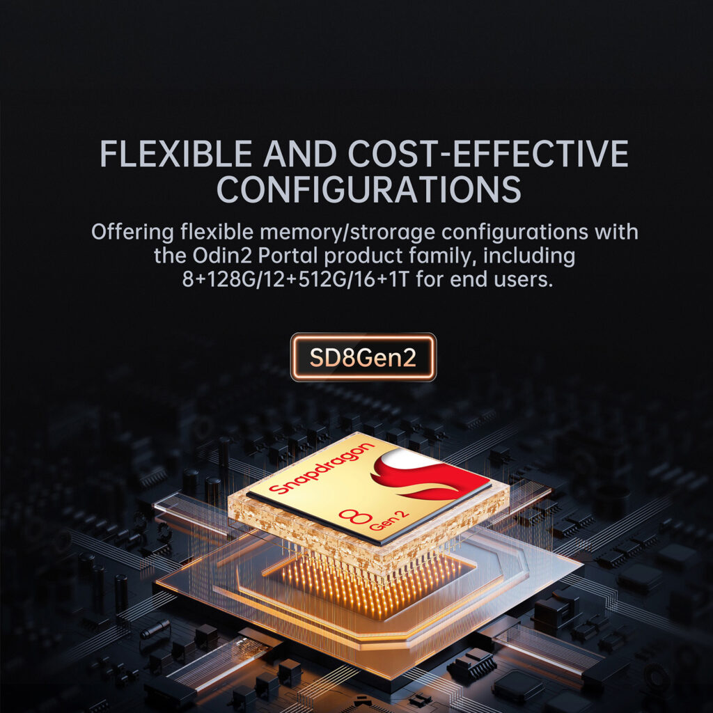 AYN Odin 2 Portal Base, Pro & MAX 4 A promotional graphic detailing the AYN Odin 2 Portal's flexible configurations, featuring a Qualcomm Snapdragon 8 Gen 2 processor with memory options ranging from 8GB+128GB to 16GB+1TB.