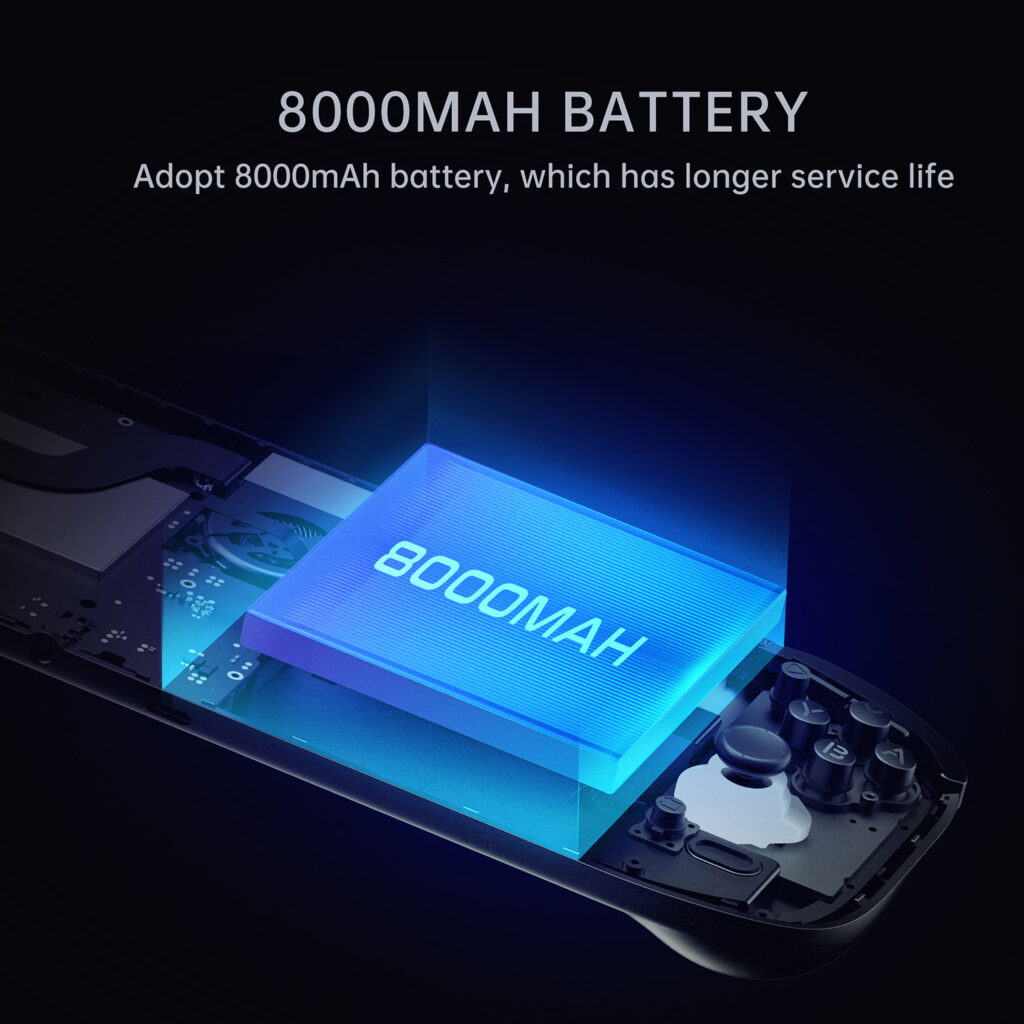 AYN Odin 2 Portal Base, Pro & MAX 3 A digital visualization of the AYN Odin 2 Portal's 8000mAh battery, emphasizing its long-lasting power for extended gaming sessions.