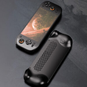 A top-down and rear view of the AYN Odin 2 Portal, displaying its honeycomb ventilation design for better heat dissipation, as well as its sleek matte black finish.