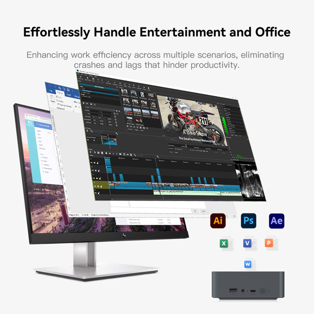 Beelink EQR6 5 A dual-monitor setup with multiple applications open, including Adobe software and office tools, showcasing the Beelink EQR5's ability to handle entertainment and office tasks efficiently.