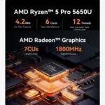 Specifications of the AMD Ryzen™ 5 Pro 5650U processor are displayed showcasing its 42GHz max turbo frequency 6 cores and 12 threads AMD Radeon™ Graphics with 7 CUs and 1800MHz frequency are also highlighted