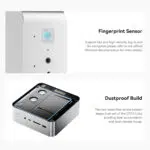 An infographic showcasing two features of the Beelink GTi13 Ultra a fingerprint sensor for secure logins and file encryption and a dustproof build with a mesh filter at the bottom to prevent dust accumulation The image includes a close up of the fingerprint sensor and an internal view of the bottom panel with mesh protection