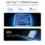 A specifications infographic highlighting the Intel Core i9 13900HK processor in the Beelink GTi13 Ultra The processor features a 54GHz max turbo frequency 14+ cores and 20 threads with a 24MB Intel Smart Cache The image also showcases the Intel Iris Xe integrated graphics with a max dynamic frequency of 15GHz The background includes a glowing digital representation of the Intel Core i9 chip