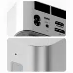 A close up image showcasing the rear and front panel ports of the Beelink GTi13 Ultra The top section highlights the power input USB C HDMI DisplayPort and ventilation grilles while the bottom section focuses on the devices curved edge design and build quality