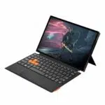 ONEXPLAYER X1 PRO gaming handheld in laptop mode with an attached keyboard displaying a futuristic warrior in a game The device has a kickstand for support