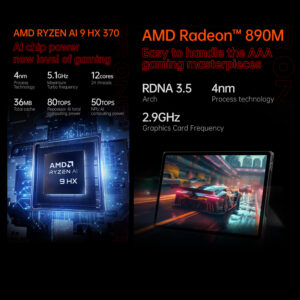 ONEXPLAYER X1 PRO specifications featuring an AMD Ryzen AI 9 HX 370 processor and AMD Radeon 890M GPU, emphasizing AI computing power and gaming performance.