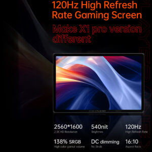 ONEXPLAYER X1 PRO display specifications, featuring a 120Hz refresh rate, 2560x1600 resolution, 540 nits brightness, and high SRGB color gamut.