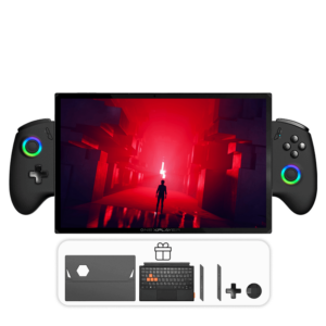 ONEXPLAYER X1 PRO gaming handheld with detachable controllers, displaying a game with a red-lit scene. Below the device, additional accessories are shown, including a protective case, keyboard and extra gaming buttons, indicating included freebies