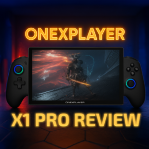 Promotional image for the ONEXPLAYER X1 Pro review featuring the handheld gaming device with detachable controllers, displaying a fantasy warrior game on screen. Background features a red and blue neon-lit environment with glowing text 'ONEXPLAYER X1 PRO REVIEW' and an AMD Ryzen AI 9 HX logo in the corner.