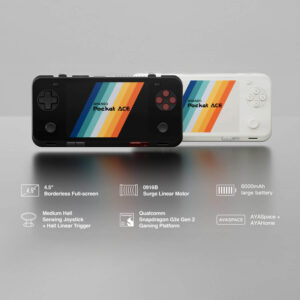 Front view of black and white AYANEO Pocket ACE units on a sleek gray surface, highlighting specs such as 4.5-inch borderless screen, 6000mAh battery, 0916B surge linear motor, Snapdragon G3x Gen 2 platform, and AYASpace software ecosystem.