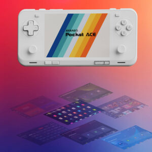 White AYANEO Pocket ACE floating against a vibrant red-to-purple gradient background with transparent layers of the AYASpace software interface showcased beneath it.