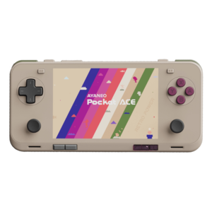 Front-facing view of the AYANEO Pocket ACE in retro beige with purple buttons, showing a pixel-themed version of the Pocket ACE logo on colorful stripes