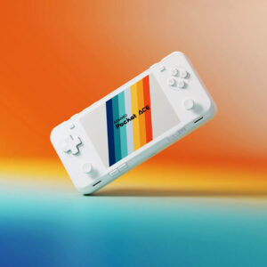 White AYANEO Pocket ACE shown mid-air at an angle, with a vibrant orange and teal gradient background.