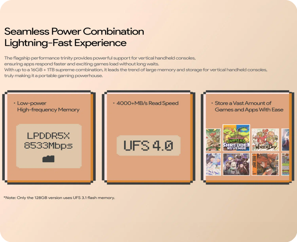 AYANEO Pocket ACE 4 Infographic promoting performance features of a handheld gaming console. Highlights include LPDDR5X memory at 8533 Mbps, UFS 4.0 storage with 4000+ MB/s read speed, and support for large storage capacity to hold numerous games. Three panels illustrate memory, storage, and gaming library with pixelated graphics and game cover thumbnails.