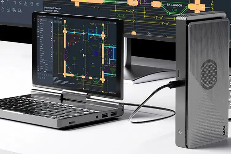 GPD G1 eGPU with Radeon desktop level graphics, connected to the GPD Pocket 4 Mini Laptop with AMD Ryzen processor