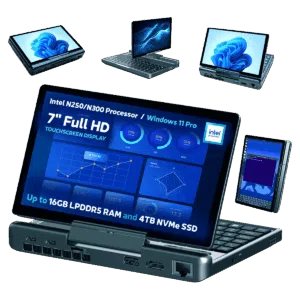 A promotional image showcasing the versatile display modes of the GPD MicroPC 2. A central image shows the device open in laptop mode, with a detailed dashboard on its screen. Around it, smaller versions of the device are shown in different orientations: in tablet mode, inverted V-shape, and portrait mode. Bullet points at the bottom highlight key features like the processor, screen size, and storage capacity. The background is a solid dark green.