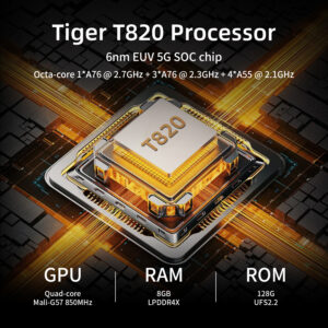 A graphic highlighting the "Tiger T820 Processor." The central image shows a gleaming gold-colored processor chip with "T820" on it, surrounded by glowing circuit lines, against a dark background. Text explains it's a "6nm EUV 5G SOC chip" with an "Octa-core" configuration. Below, key specifications are listed: "GPU Quad-core Mali-G57 850MHz," "RAM 8GB LPDDR4X," and "ROM 128G UFS2.2."