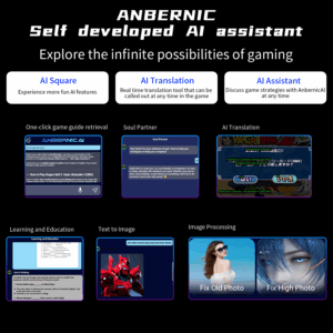 A comprehensive infographic about "ANBERNIC Self developed AI assistant." The top section states "Explore the infinite possibilities of gaming" and introduces three AI features: "AI Square" for "Experience more fun AI features," "AI Translation" for "Real time translation," and "AI Assistant" to "Discuss game strategies." Below, examples of these features are shown: "One-click game guide retrieval" (Anbernic AI interface), "Soul Partner" (AI chat interface), "AI Translation" (game screen with translated text), "Learning and Education" (text analysis), "Text to Image" (robot image), and "Image Processing" (fixing old/high photos).