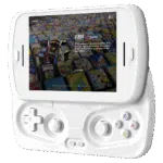 A white RG SLIDE handheld gaming device is shown with its screen slid up to reveal the game controls The screen displays a game selection interface featuring FBN 2000 and a background composed of numerous classic game cartridge covers The controller section has a white D pad and analog sticks with colored ABXY buttons