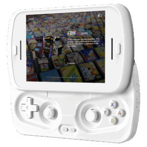 A white RG SLIDE handheld gaming device is shown with its screen slid up to reveal the game controls. The screen displays a game selection interface featuring "FBN (2000)" and a background composed of numerous classic game cartridge covers. The controller section has a white D-pad and analog sticks, with colored ABXY buttons.