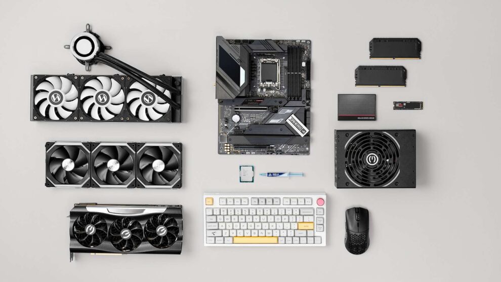 Gaming Hardware perfectly laid out on a table showcasing a huge range of parts