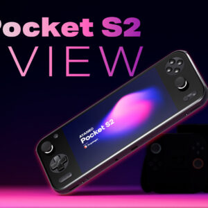 A dynamic thumbnail image for a video review of the AYANEO Pocket S2. The background is a gradient from dark purple to pink. A black AYANEO Pocket S2 handheld gaming console is angled in the center, with its screen displaying the logo "AYANEO Pocket S2" and a colorful abstract design. In the background, a second, blurred-out black console and a box are visible. Large white text in the upper left reads "Pocket S2 REVIEW", with the "AYANEO" logo above it. The bottom left corner has "BUY AT" followed by the white and green "DROIX" logo. The bottom right corner contains an asterisk and the text "the better option" in a small white font.