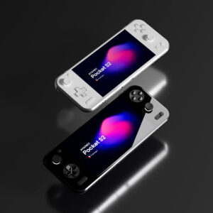 A dynamic overhead shot featuring two AYANEO Pocket S2 handheld gaming consoles, one in white and one in black, diagonally positioned against a dark, reflective surface. Both screens display the "AYANEO Pocket S2" logo with vibrant pink and blue abstract graphics. The white console is in the upper left, while the black console is in the lower right, creating a sense of depth and contrast.