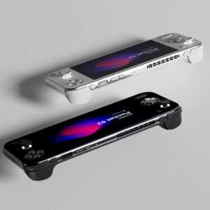 Two AYANEO Pocket S2 handheld gaming consoles, one white and one black, are laid flat and parallel on a light grey surface. The white console is positioned above and slightly to the right of the black console. Both screens display "AYANEO Pocket S2" with vibrant abstract backgrounds. The white console shows its D-pad and left analog stick, while the black console shows its face buttons and right analog stick.