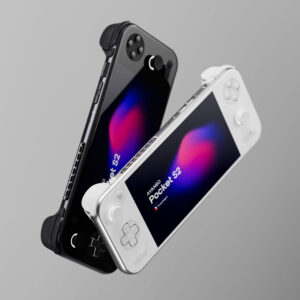 Two AYANEO Pocket S2 handheld gaming consoles, one black and one white, are shown at an angle against a solid grey background. The black console is positioned behind and slightly above the white console. Both screens display "AYANEO Pocket S2" with colorful abstract backgrounds. The black console's back is partially visible, while the white console's face buttons and D-pad are prominent.