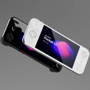 Two AYANEO Pocket S2 handheld gaming consoles, one black and one white, are shown at an angle against a solid grey background. The black console is positioned behind the white one, which is slightly elevated. Both screens display "AYANEO Pocket S2" with colorful abstract backgrounds. The white console's D-pad and face buttons are clearly visible.