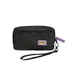 AYANEOACECASELISTINGDONE01 DROIX Global A rectangular black carrying case designed for a handheld gaming device is shown against a plain grey background The case is made of a durable textured fabric and features a small front pocket A purple tag with AYANEO written on it is attached to the zipper A black wrist strap is connected to the case via a small metal carabiner